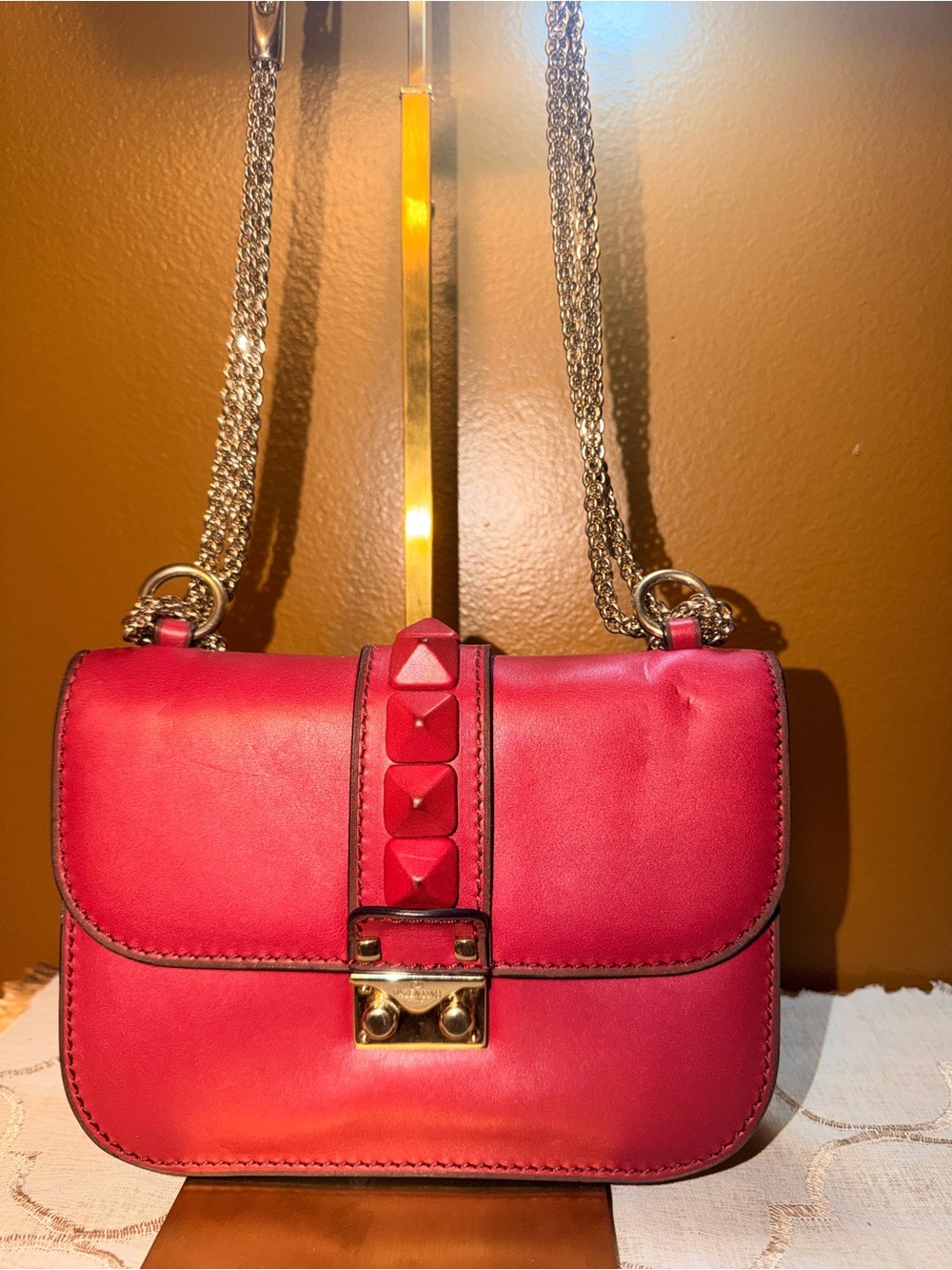 Valentino Pink Leather Crossbody with Silver Chain and Pyramid Studs